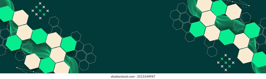 A onda abstrata com hexágono é feita em um estilo de quadro. Modelo para apresentação de ciência e tecnologia. Arte vetorial desenhada à mão.