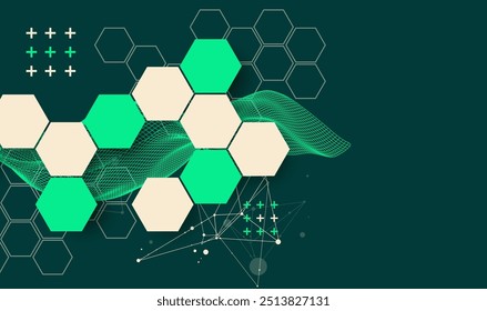A onda abstrata com hexágono é feita em um estilo de quadro. Modelo para apresentação de ciência e tecnologia. Arte vetorial desenhada à mão.