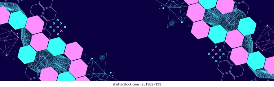 The abstract wave with hexagon is made in a frame style. Template for science and technology presentation. Hand drawn vector art.