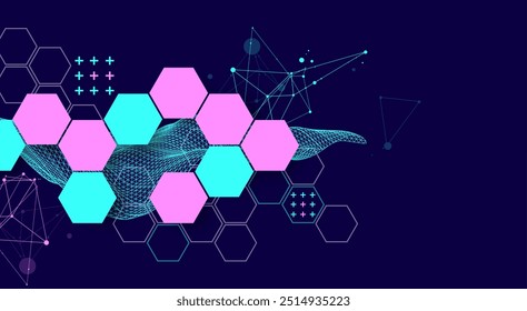 A onda abstrata com hexágono é feita em um estilo de quadro. Modelo para apresentação de ciência e tecnologia. Arte vetorial desenhada à mão.