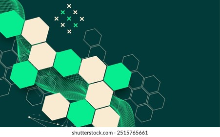 The abstract wave with hexagon is made in a frame style. Template for science and technology presentation. Hand drawn vector art.