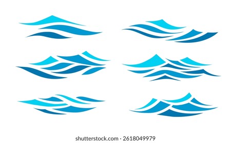 Abstract wave icon collection in modern flat style. Ocean water shapes, marine flow symbols, dynamic sea wave elements