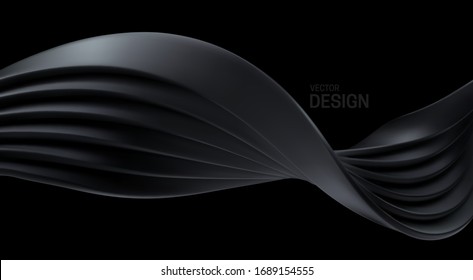 Abstract wave isolated on black background. Vector 3d illustration. Plastic flowing ribbons. Black flowing shape. Smooth streaming object. Minimal decoration element for design