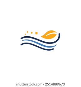 Abstract wave leaf logo design. Simple, minimalist logo design featuring a blue wave with a yellow leaf. Perfect for environmental, nature, or water-related businesses.