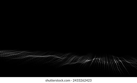 Onda abstracta con luz sobre fondo negro. Fondo de la ciencia con puntos y líneas móviles. Tecnología de conexión de red. Estructura digital con partículas. Ilustración vectorial.