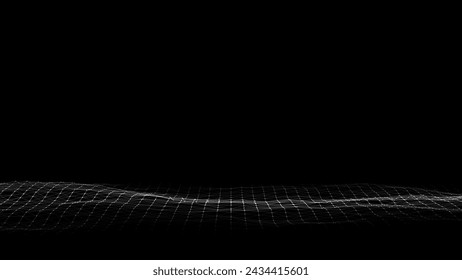Abstract wave with light on black background. Science background with moving dots and lines. Network connection technology. Digital structure with particles. Vector illustration.