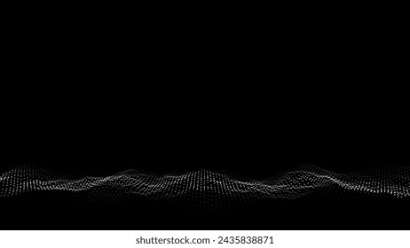 Abstract wave with light on black background. Science background with moving dots and lines. Network connection technology. Digital structure with particles. Vector illustration.