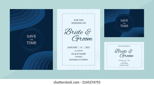 Abstract wave line art pattern blue shade theme wedding invitation card template