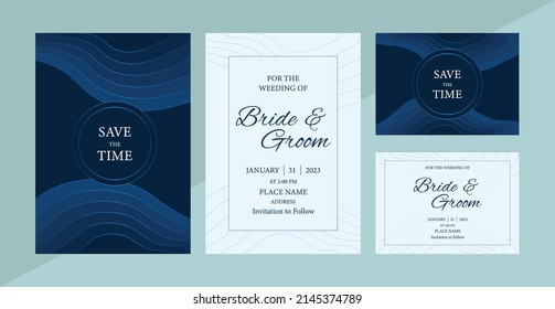 Abstract wave line art pattern navy blue shade theme wedding invitation template