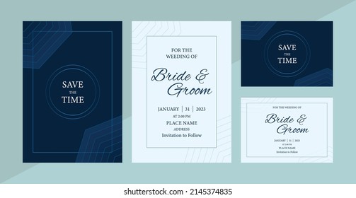 Abstract wave line art pattern navy blue shade theme wedding invitation card template