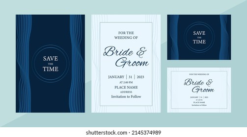 Abstract wave line art pattern navy blue shade theme wedding invitation template