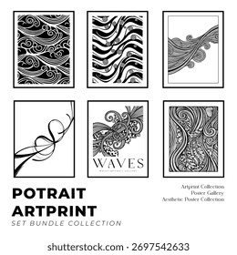 Abstract Wave Line Art Print Poster Minimalist Monochrome Set