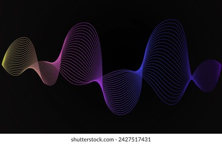 Abstract wave line background with smooth gradient. Beautiful wavy gadiant line on a black background. Horizontal banner template. Abstract futuristic template. Scientific technological wallpaper.