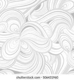 Abstract wave line and loops monochrome seamless pattern. Grid swirl wavy ornamental background. Chaotic flow motion texture. Geometric floral doodle wallpaper