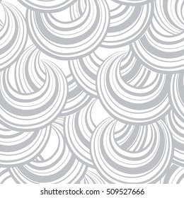 Abstract wave line and loops monochrome seamless pattern. Grid swirl wavy ornamental background. Chaotic flow motion texture. Geometric floral doodle wallpaper