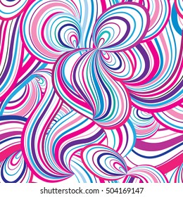 Abstract wave line and loops seamless pattern. Grid swirl wavy ornamental background. Chaotic flow motion texture. Geometric floral doodle wallpaper