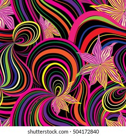 Abstract wave line and loops seamless pattern. Swirl wavy flower ornamental background. Chaotic flow motion texture. Floral funky ornament