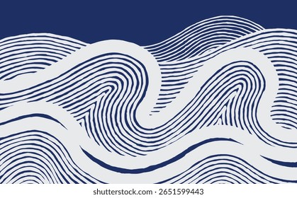 Padrão abstrato de linha de onda com curvas em negrito e traçados de contorno fino. O desenho desenhado à mão evoca fluxo topográfico, ritmo natural e movimento orgânico
