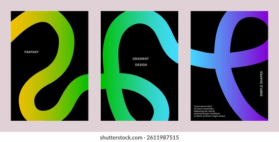 Abstract wave line poster background. Set cover card with color transition wavy lines. Modern gradient texture. Banner, cover, wallpaper pattern - vector