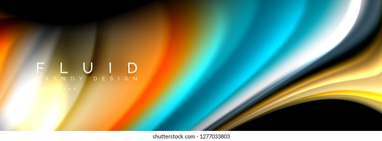 Abstrakte Wellenlinie Wasser 3D Hintergrund. Wellenflüssige Form. Schmutzspritzer mit Farbmischung auf Schwarz, Vektorgrafik