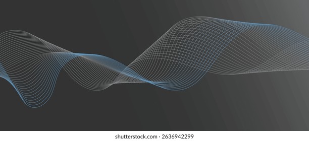 Abstract wave lines in blue-grey on grey background. Futuristic and dynamic look, perfect for tech, digital, and modern design projects.