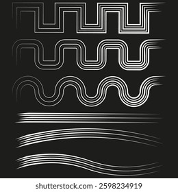 Abstract wave lines. Curved geometric pattern. Black background contrast. Dynamic motion effect.