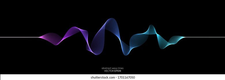 Abstract wave lines dynamic flowing colorful light isolated on black background. Vector illustration design element in concept of music, party, technology, modern.