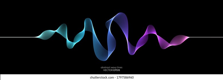 Abstract wave lines dynamic flowing colorful light isolated on black background. Vector illustration design element in concept of music, party, technology, modern.