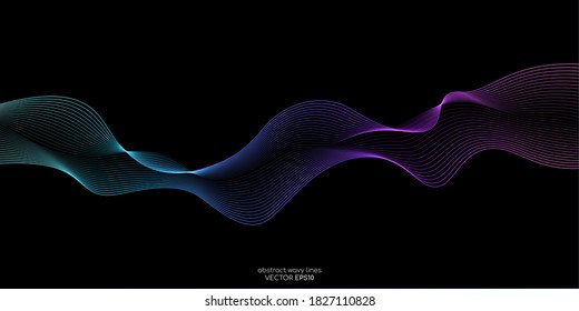 Abstract wave lines dynamic flowing colorful light isolated on black background. Vector illustration design element in concept of music, party, technology, modern.