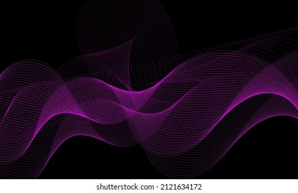 Abstract wave lines dynamic flowing purple light isolated on black background. Vector illustration design concept of music, party, technology, modern.