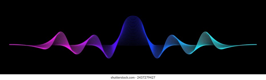 Abstract wave lines dynamic flowing neural network purple blue light Isolated on black background. Vector design element for technology, science, music modern concept.