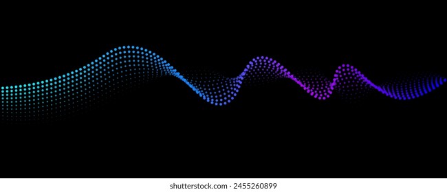  Líneas de onda Abstractas, puntos que fluyen partículas patrón luz colorida aislada en un fondo negro. Ilustración vectorial
