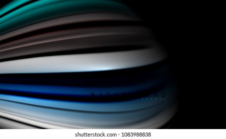 Linhas de onda abstratas listras de cores fluidas no plano de fundo preto. Ilustração artística vetorial para apresentação, papel de parede do aplicativo, banner ou cartaz