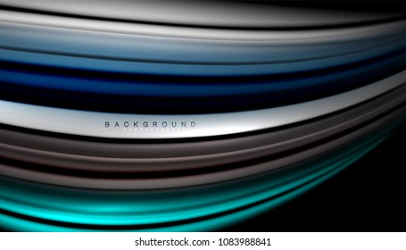 Abstrakte Wellenlinien, Farbstreifen mit Flüssigkeit auf schwarzem Hintergrund. Vektorgrafik zur Präsentation, App-Bildschirmhintergrund, Banner oder Poster