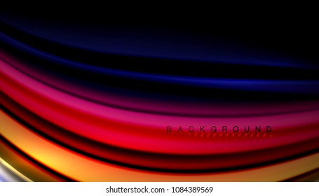 Líneas de onda abstractas rayas de color de fluidos sobre fondo negro. Ilustración artística vectorial para presentación, fondo de pantalla de aplicación, cartel o afiche