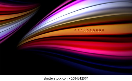 Líneas de onda abstractas rayas de color de fluidos sobre fondo negro. Ilustración artística vectorial para presentación, fondo de pantalla de aplicación, cartel o afiche