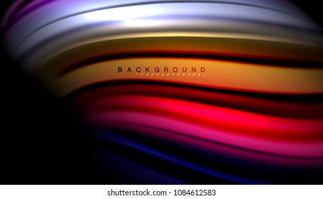 Líneas de onda abstractas rayas de color de fluidos sobre fondo negro. Ilustración artística vectorial para presentación, fondo de pantalla de aplicación, cartel o afiche
