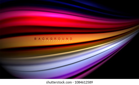 Líneas de onda abstractas rayas de color de fluidos sobre fondo negro. Ilustración artística vectorial para presentación, fondo de pantalla de aplicación, cartel o afiche