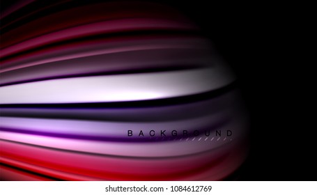 Linhas de onda abstratas listras de cores fluidas no plano de fundo preto. Ilustração artística vetorial para apresentação, papel de parede do aplicativo, banner ou cartaz