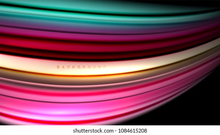 Líneas de onda abstractas rayas de color de fluidos sobre fondo negro. Ilustración artística vectorial para presentación, fondo de pantalla de aplicación, cartel o afiche