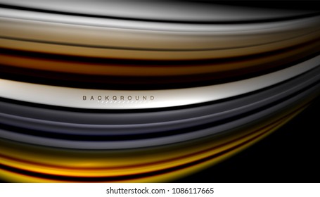 Líneas de onda abstractas rayas de color de fluidos sobre fondo negro. Ilustración artística vectorial para presentación, fondo de pantalla de aplicación, cartel o afiche