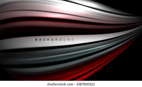 Líneas de onda abstractas rayas de color de fluidos sobre fondo negro. Ilustración artística vectorial para presentación, fondo de pantalla de aplicación, cartel o afiche