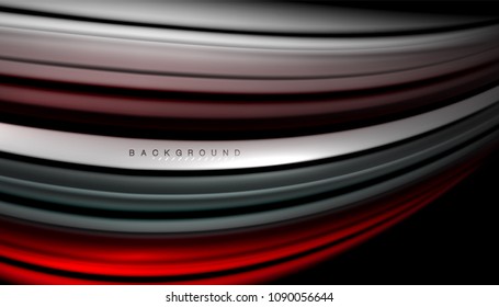 Líneas de onda abstractas rayas de color de fluidos sobre fondo negro. Ilustración artística vectorial para presentación, fondo de pantalla de aplicación, cartel o afiche