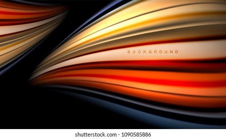 Linhas de onda abstratas listras de cores fluidas no plano de fundo preto. Ilustração artística vetorial para apresentação, papel de parede do aplicativo, banner ou cartaz