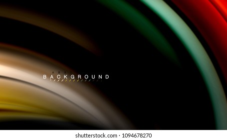Linhas de onda abstratas listras de cor do estilo arco-íris fluido no fundo preto. Ilustração artística vetorial para apresentação, papel de parede do aplicativo, banner ou cartaz