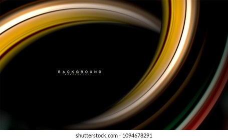 Resumen de líneas de onda fluidos estilo arco iris rayas de color sobre fondo negro. Ilustración artística vectorial para presentación, fondo de pantalla de aplicación, cartel o afiche