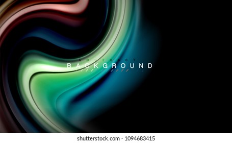 Resumen de líneas de onda fluidos estilo arco iris rayas de color sobre fondo negro. Ilustración artística vectorial para presentación, fondo de pantalla de aplicación, cartel o afiche