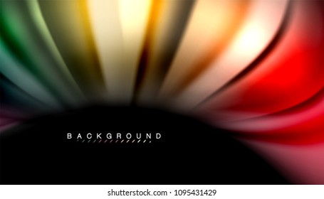 Abstrakte Wellenlinien fließende Regenbogenfarben-Streifen auf schwarzem Hintergrund. Vektorgrafik zur Präsentation, App-Bildschirmhintergrund, Banner oder Poster
