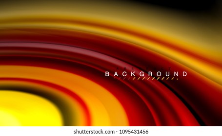 Resumen de líneas de onda fluidos estilo arco iris rayas de color sobre fondo negro. Ilustración artística vectorial para presentación, fondo de pantalla de aplicación, cartel o afiche