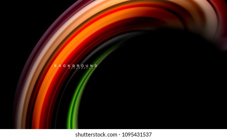 Resumen de líneas de onda fluidos estilo arco iris rayas de color sobre fondo negro. Ilustración artística vectorial para presentación, fondo de pantalla de aplicación, cartel o afiche